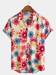 Mykonos | Camisa de Algodão de Homem com Flores de Margarida para Verão, Praia e Férias, de Manga Curta, Estilo Havaiano